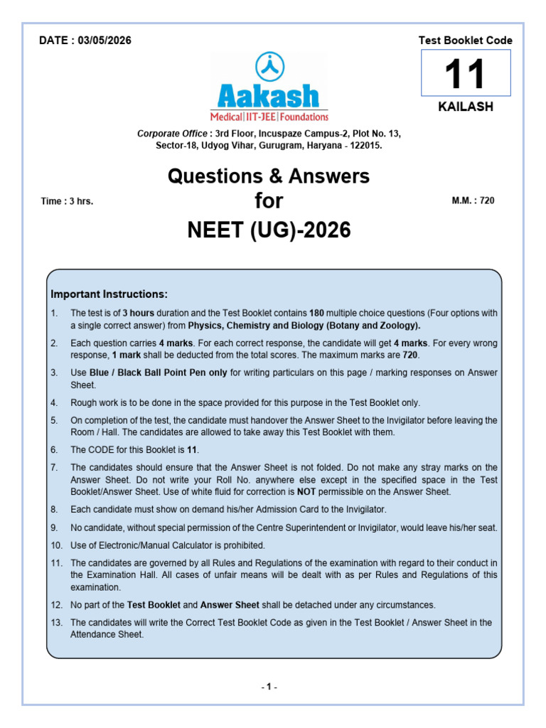 Aakash Questions&Answers NEET 2026 (Code 11) Physics | PDF | Electric ...