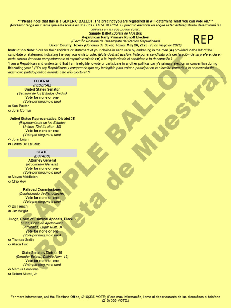 May 26, 2026 Primary Runoff Generic Sample Ballot Republican Party | PDF