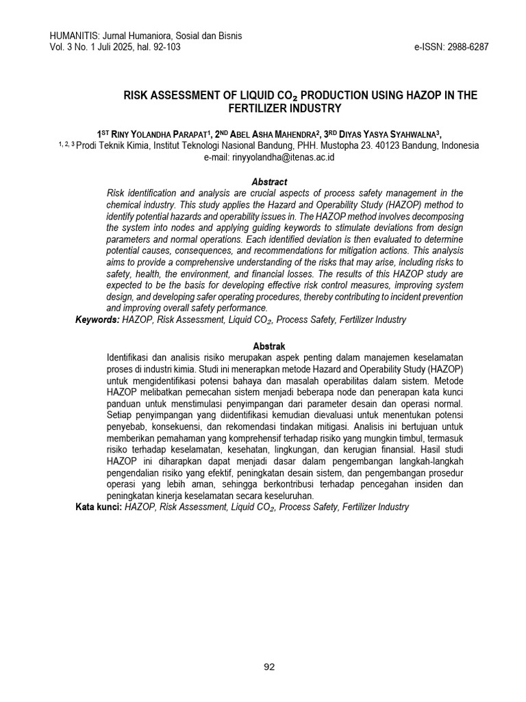 RISK ASSESSMENT OF LIQUID CO₂ PRODUCTION USING HAZOP IN THE FERTILIZER ...