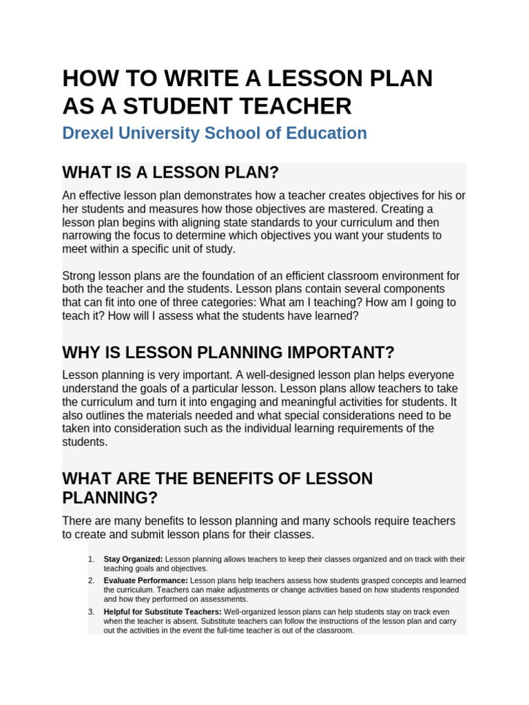 How to Write a Lesson Plan as a Student Teacher | PDF | Lesson Plan ...
