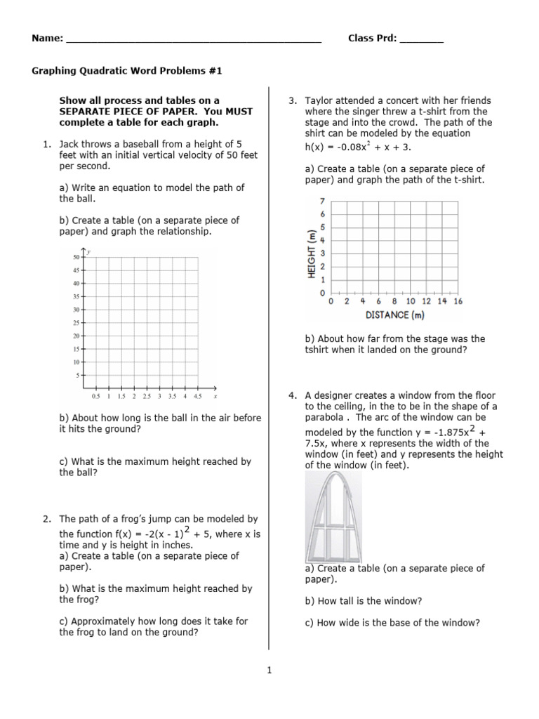 3-19&20 PRACTICE Graphing Quadratic Word Problems #1 | PDF | Function ...