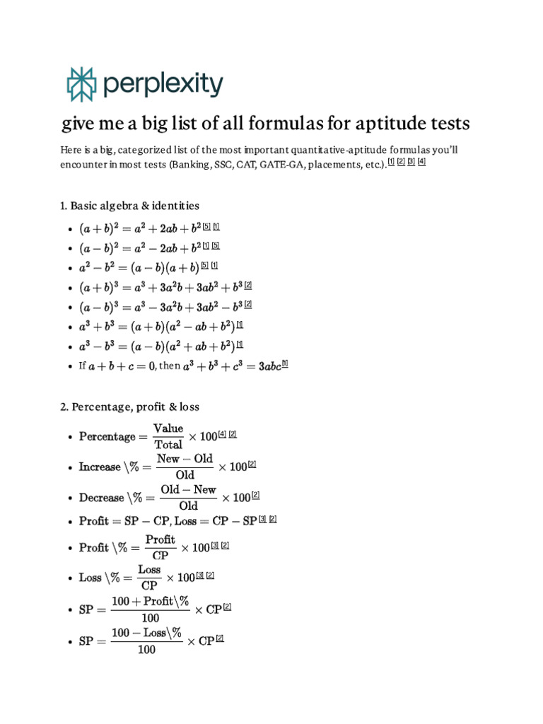 Give Me A Big List of All Formulas For Aptitude Te | PDF | Area | Ratio
