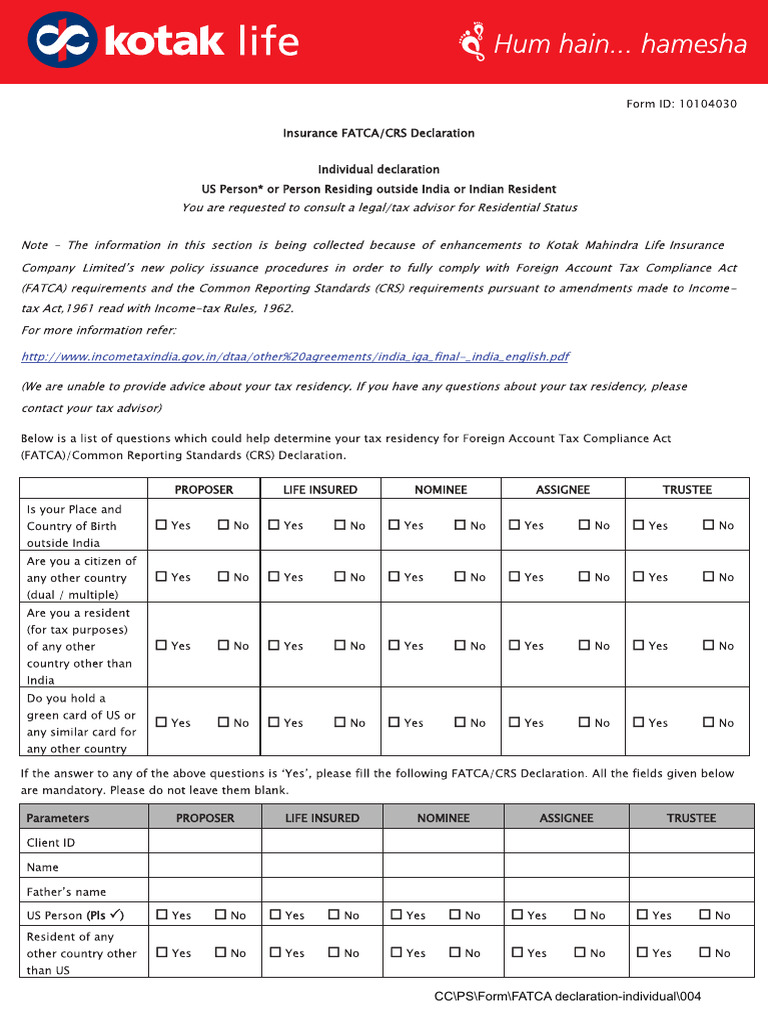 Fatca Declaration Individual | PDF | Identity Document | Taxes