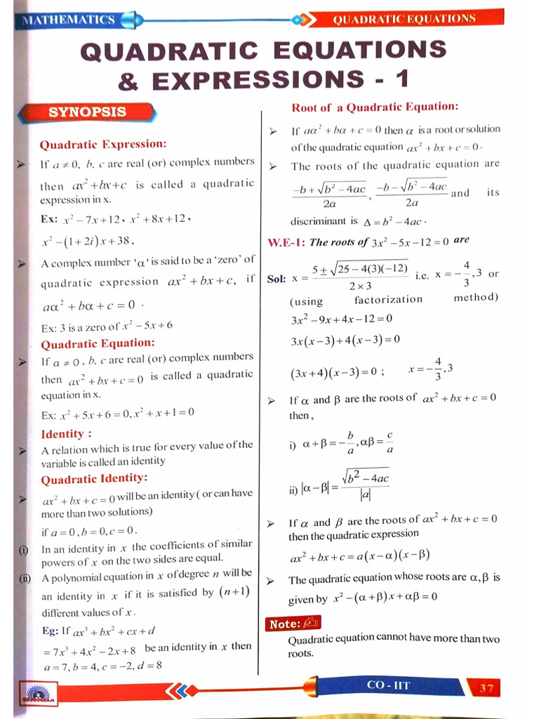 Quadratic Equations Narayana Module For 9 Class | PDF