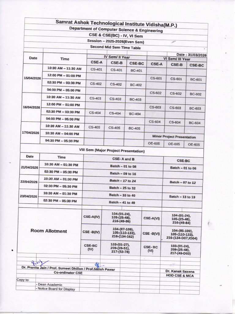 Second Mid Sem Time Table CSE_BC IV & VI Sem April-2026 | PDF