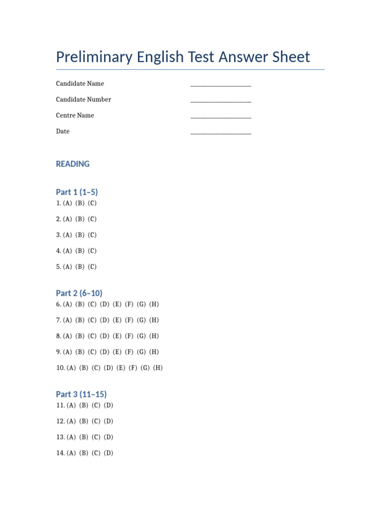 PET Answer Sheet Full | PDF