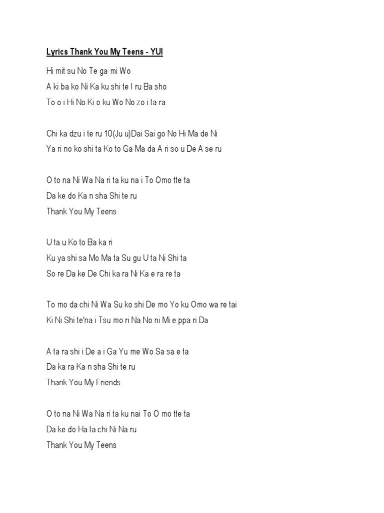 Lyrics Thank You My Teens Yui