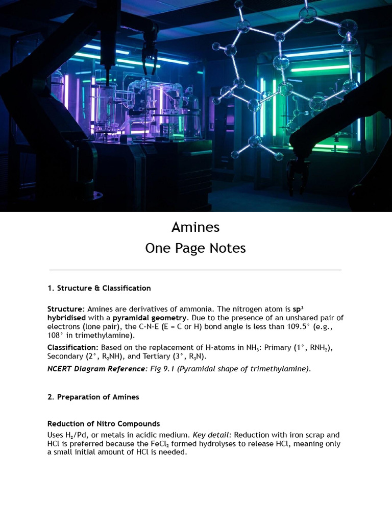 Amines One Page Notes | PDF | Amine | Hydrogen Compounds