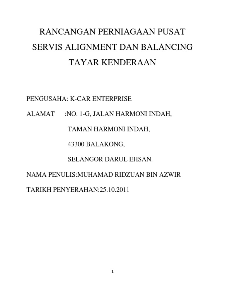 Rancangan Perniagaan Pusat Servis Alignment Dan Balancing Tayar 