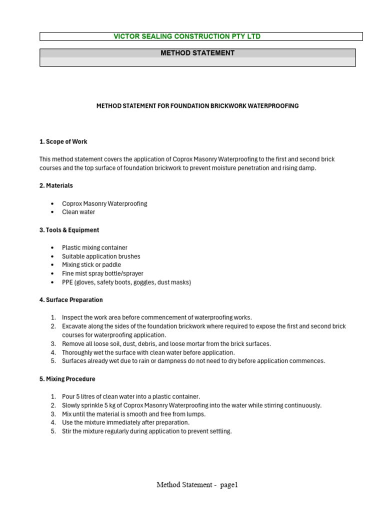 Method Statement Waterproofing Coprox | PDF