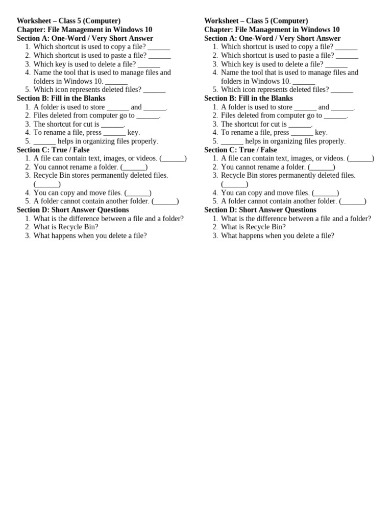 Worksheet5th Computer | PDF | Computer File | System Software