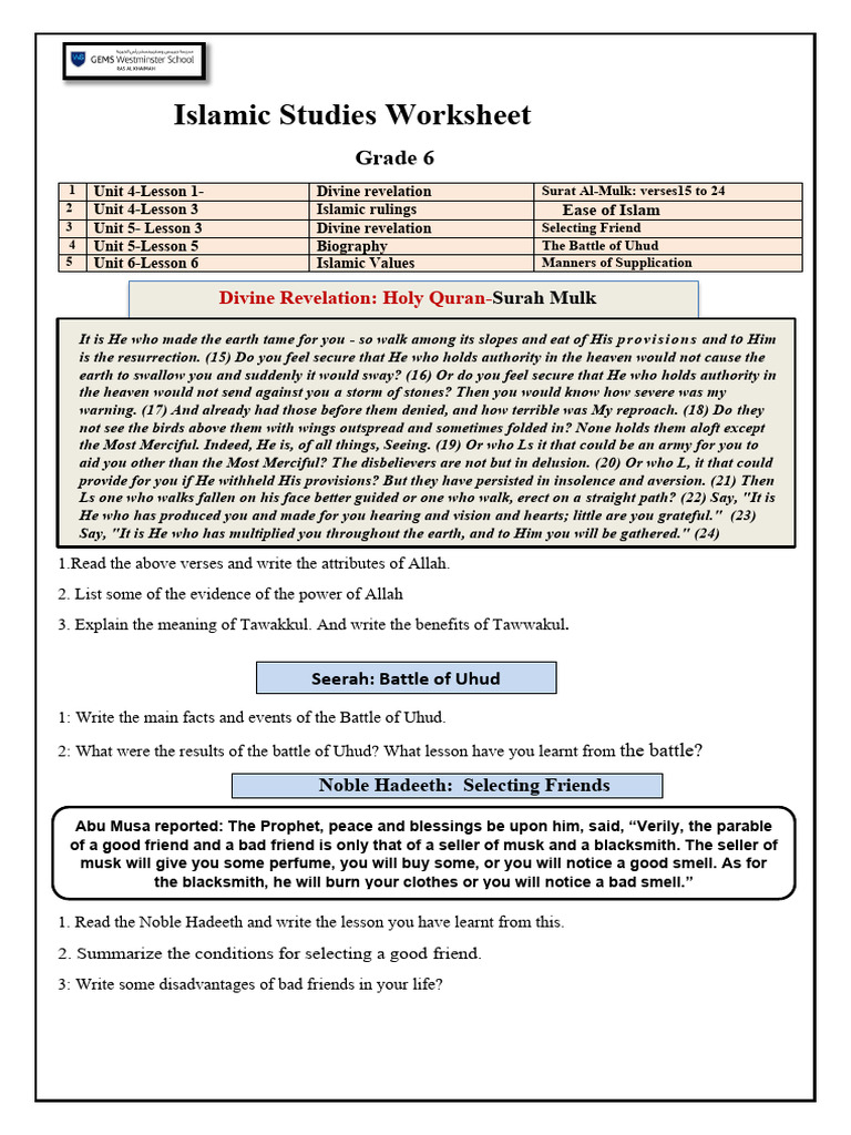 Grade 6 Islamic B Worksheet | PDF | Hadith | Religious Belief And Doctrine