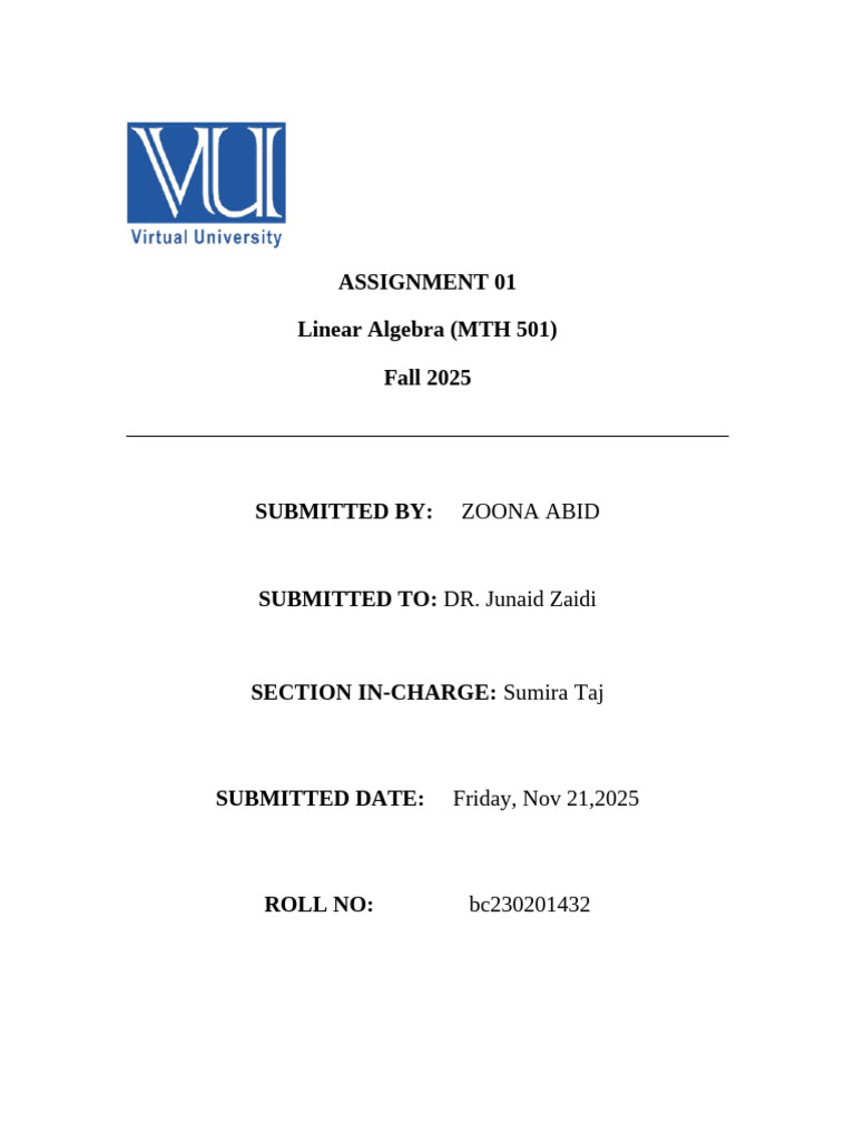 Assignment 01 MTH501ZoonaAbid Bc230201432 | PDF