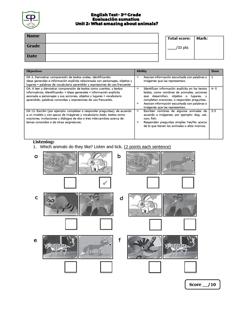 Test Unit 2 - 3rd Grade | PDF