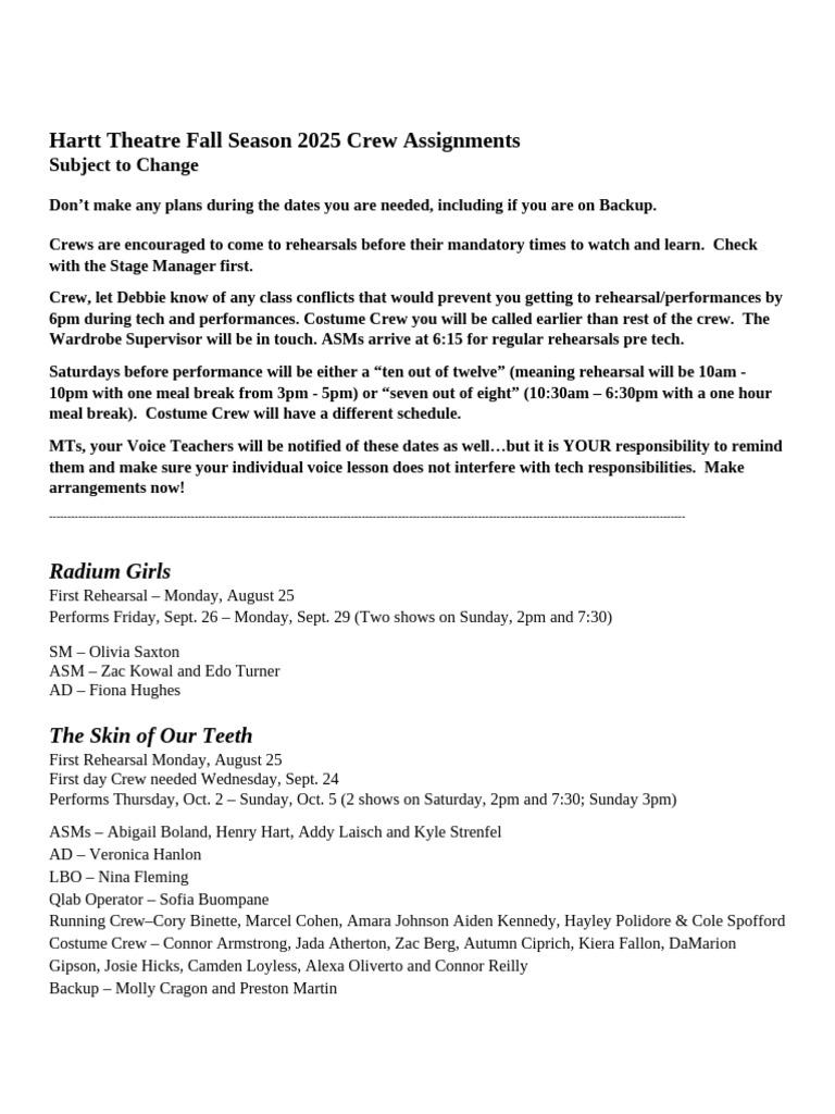 Fall Crew Assignments 2025 | PDF
