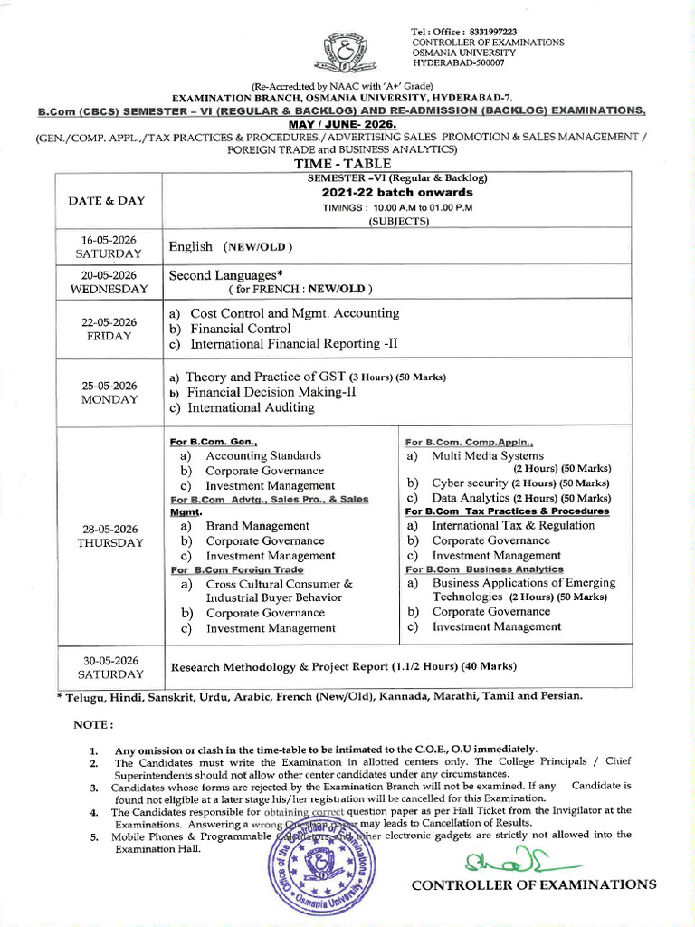 b.com Exam Time Table | PDF | Qualifications