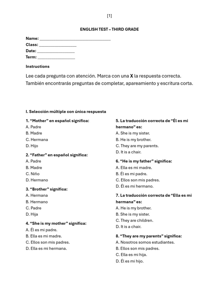 English Test - Third Grade Final de Perido | PDF