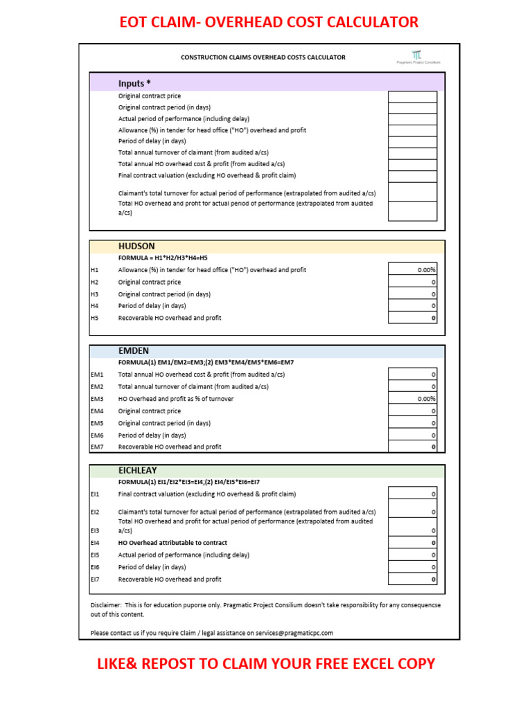 EOT Claim - Overhead Cost Calculator | PDF | Business | Management ...