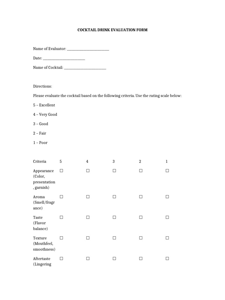 Cocktail Evaluation Form-1 | PDF