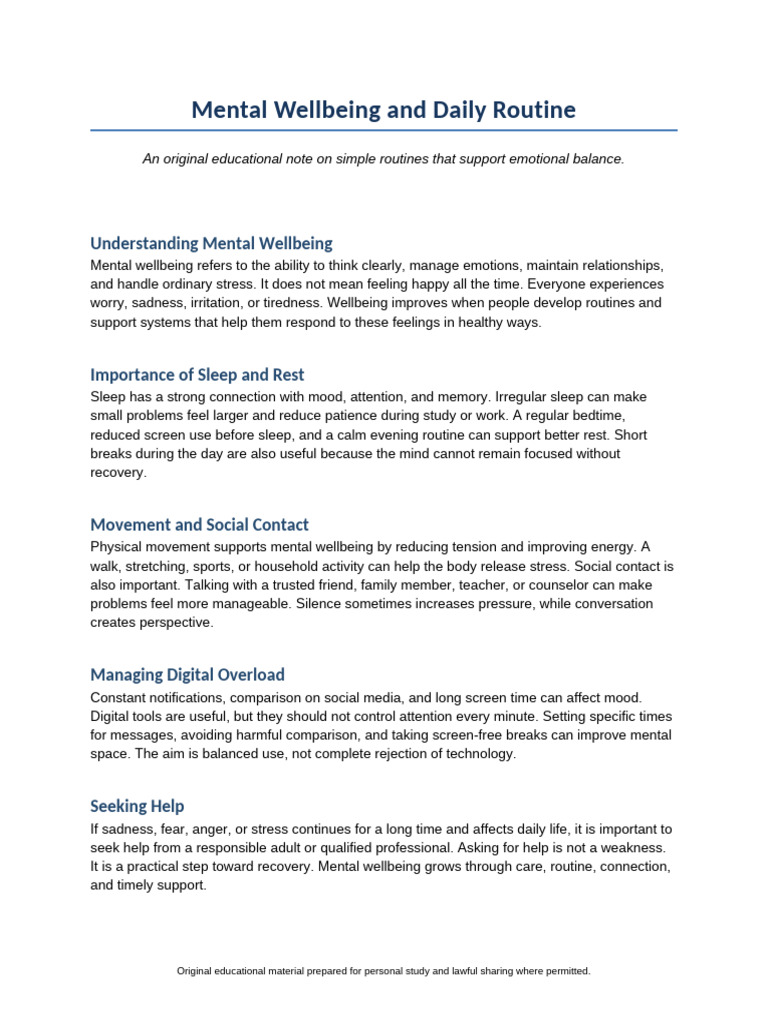 Mental Wellbeing and Daily Routine | PDF | Mental Health | Well Being