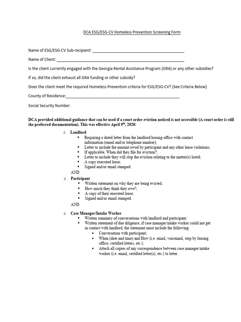 Dca Homeless Prevention Screening Form | PDF | Eviction | Lease