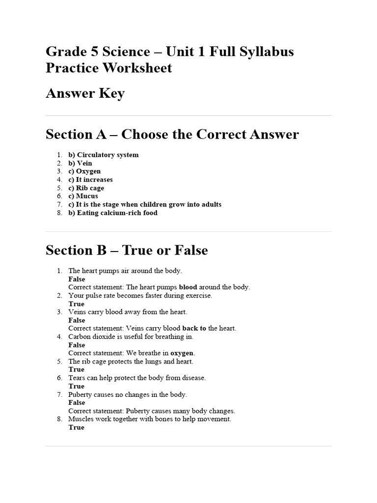 Grade-5 Full Syllabus Answer Key | PDF | Heart | Blood