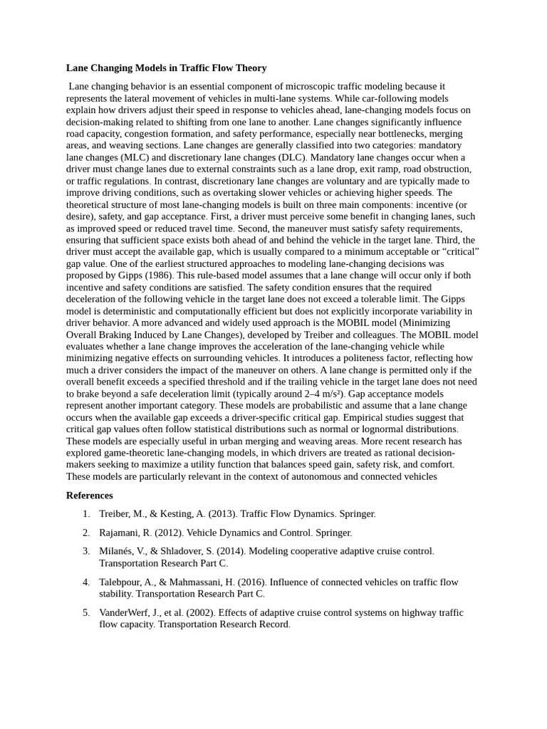 Lane Changing Models in Traffic Flow Theory | PDF