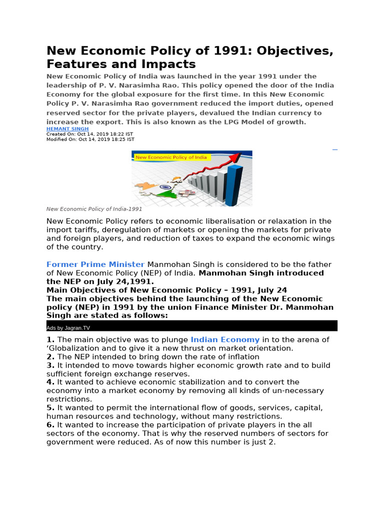 New Economic Policy of 1991 Objectives Features and Impacts (eco 4, Sem ...