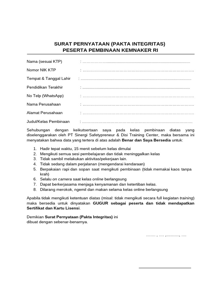 Pakta Integritas Kemnaker Ri DTC | PDF