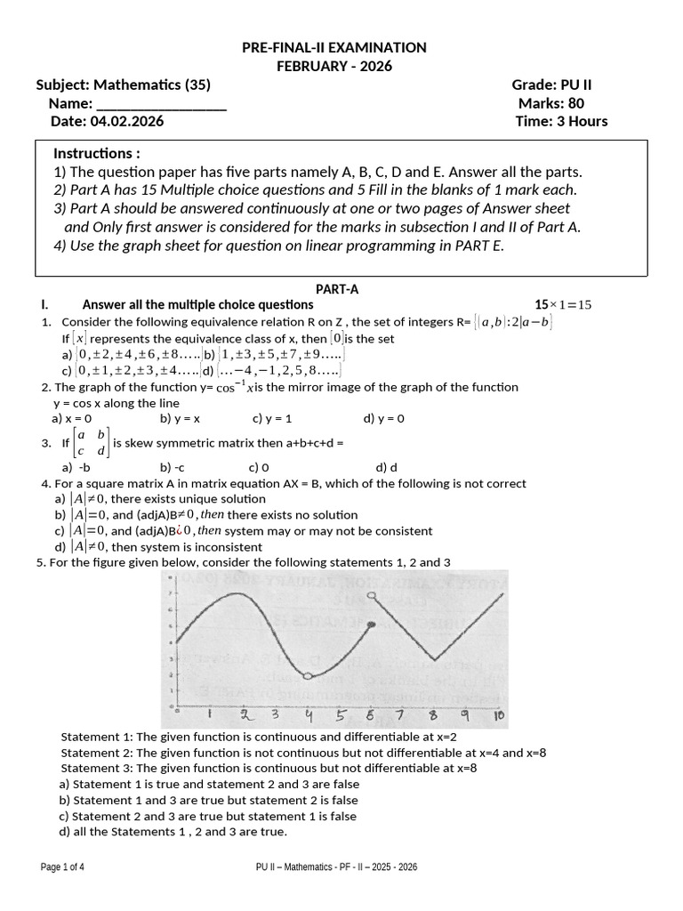 II Puc Mathematics Pfe-II [04.02.2026] | PDF | Mathematics | Algebra