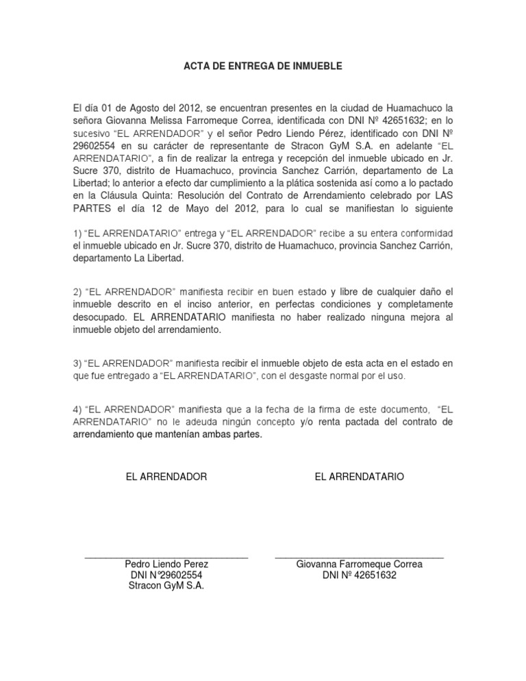 Acta de Entrega de Inmueble