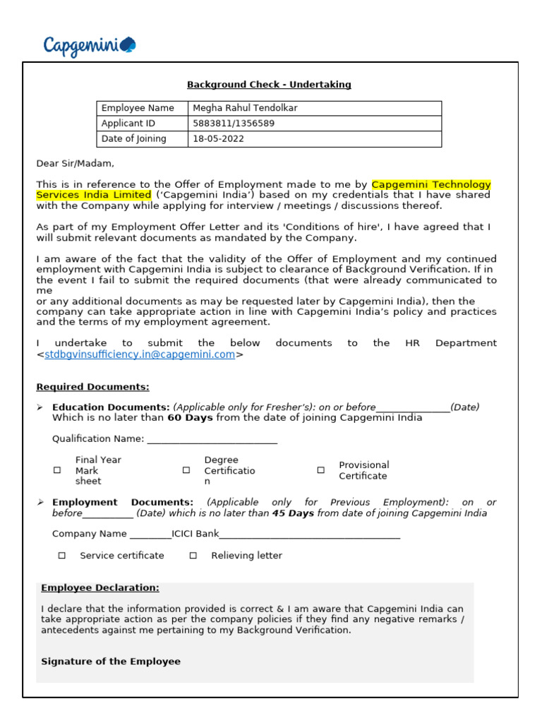BGV Undertaking Form | PDF