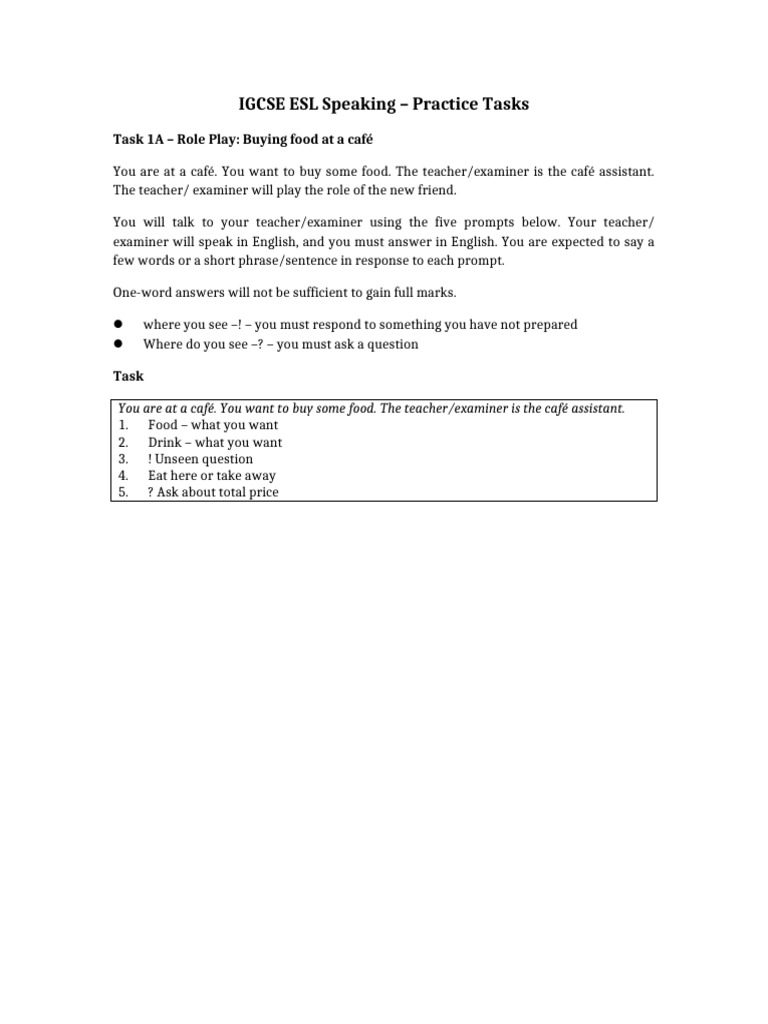 IGCSE ESL Speaking Practice Tasks (Student Version) | PDF
