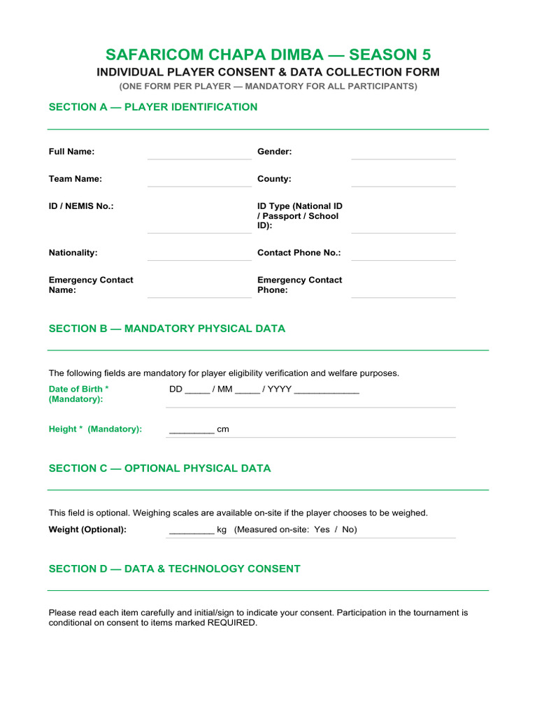 Safaricom Chapa Dimba S5 Registration Consent Form | PDF