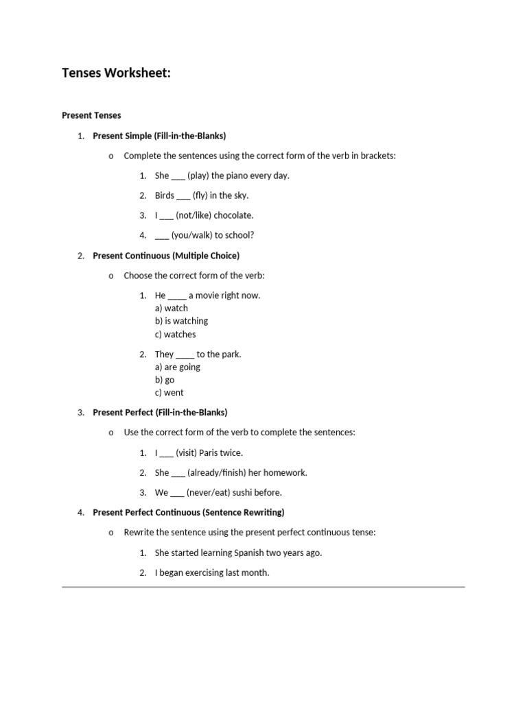 Tenses Worksheet | PDF