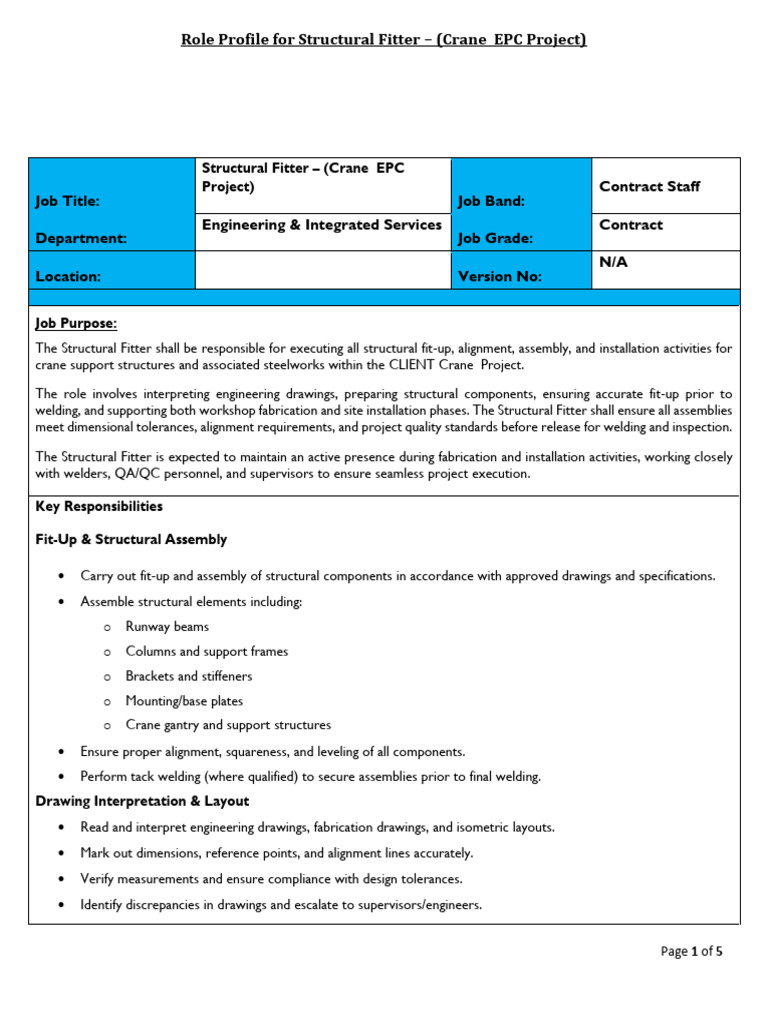Structural Fitter – (Crane EPC Project)-JD | PDF | Machinist | Welding