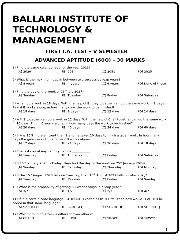 Bitm - First Advanced Aptitude Test Paper 14-11-2024 | PDF | Speed ...