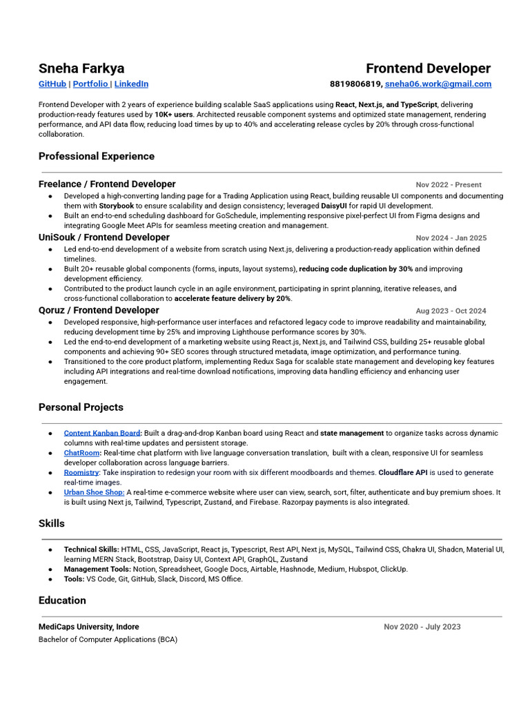 Sneha Farkya Updated Frontend Resume | PDF | Computer Programming ...