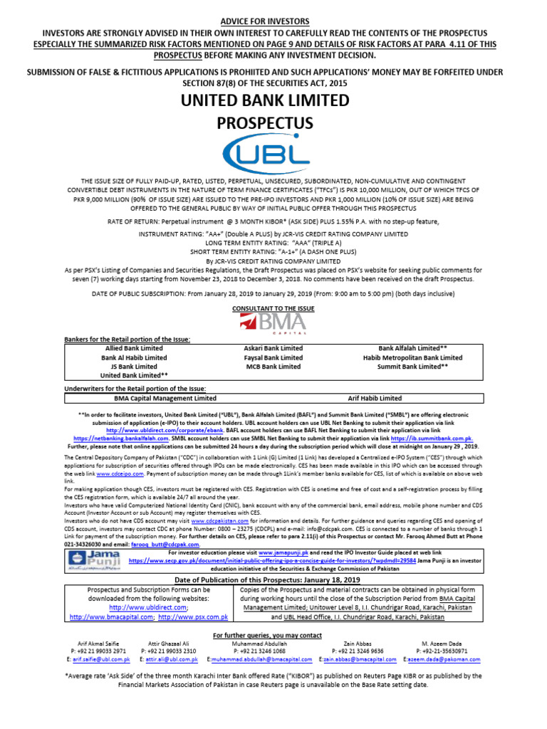 UBL TFC - Full Prospectus | PDF | Securities (Finance) | Option (Finance)
