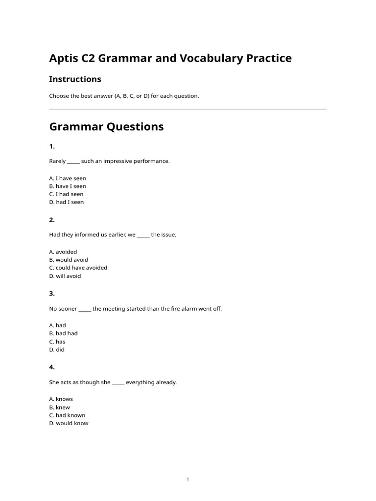 Aptis C2 Grammar Vocabulary 50 Questions | PDF