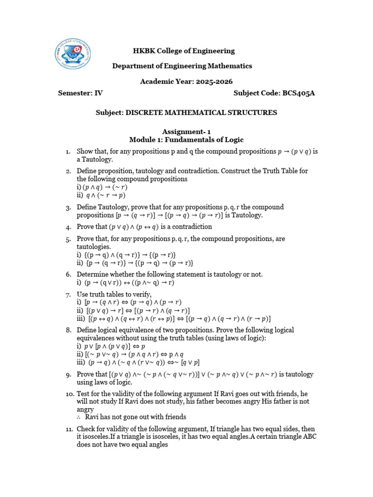 BCS405A Assignment 1 Mathematical Logic AY 2025 26 | PDF | If And Only ...