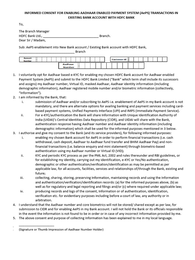 Aeps Consent Final Physical English | PDF | Identity Document | Banks