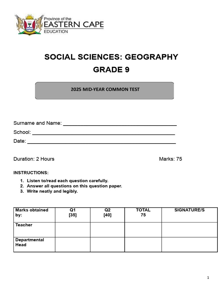 SS Grade 9 Geography Term 2 Exemplar | PDF