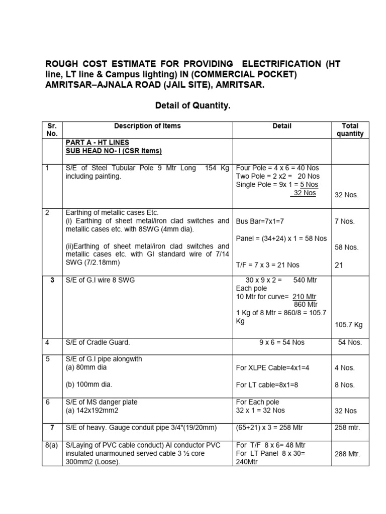 ROUGH COST ESTIMATE FOR PROVIDING ELECTRIFICATION Amritsar | PDF ...