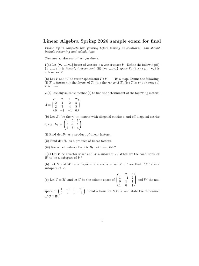 Linear Algebra Spring 2026 Sample Final | PDF | Linear Map | Vector Space