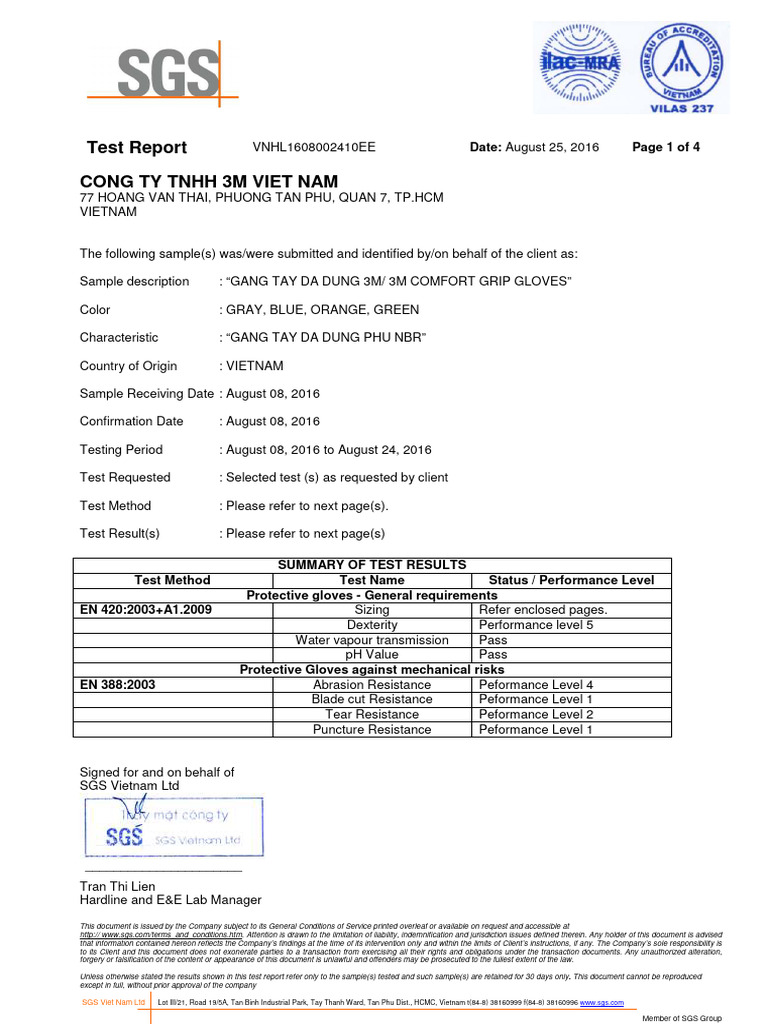 SGS Test Report for Gang Tay Da Dung 3M - VNHL1608002410EE | PDF | Forgery