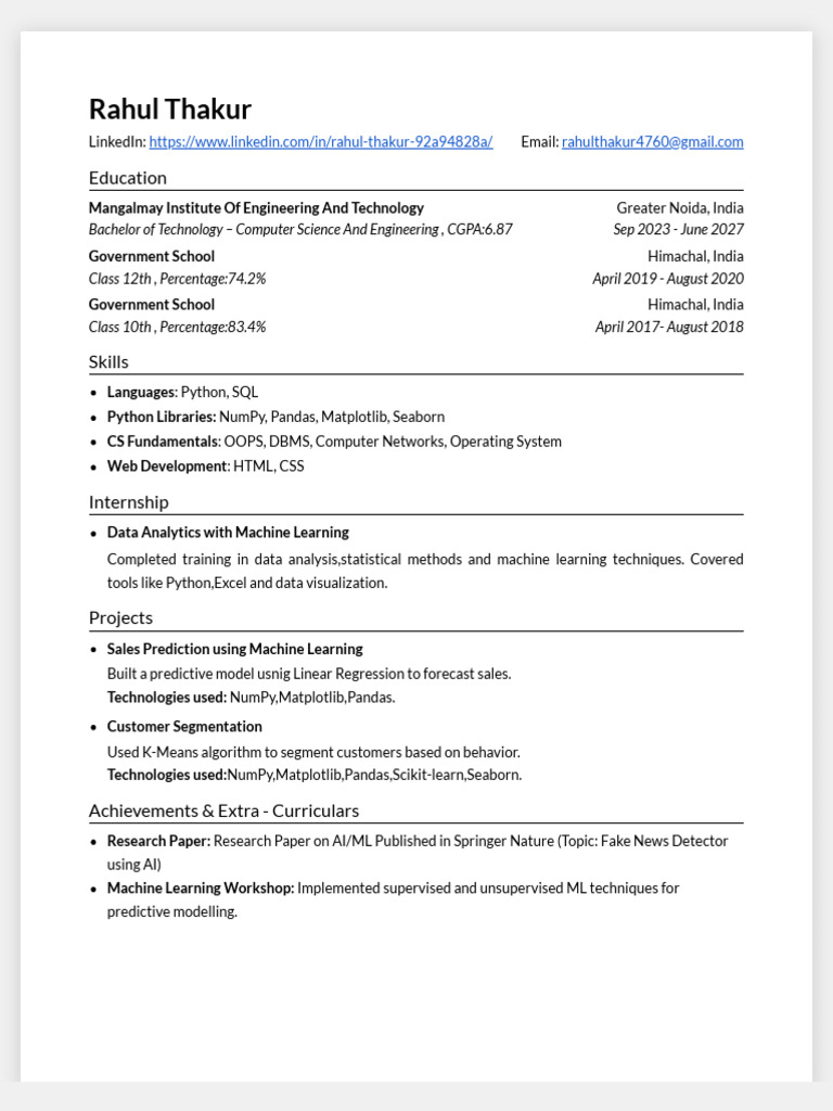 Resume Template Rahul | PDF