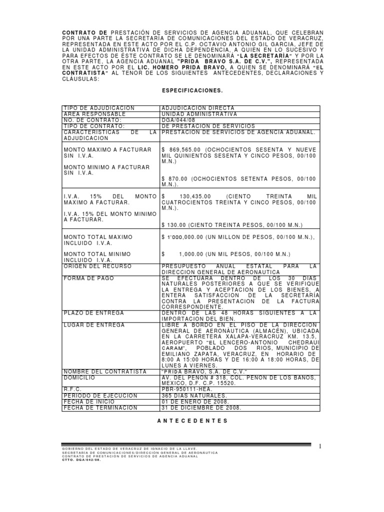 Contrato De Prestación De Servicios De Agencia Aduanal, Que Celebran