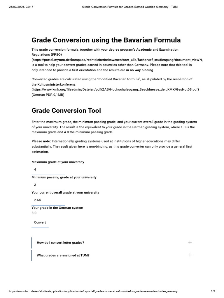 Grade Conversion Formula for Grades Earned Outside Germany - TUM | PDF ...