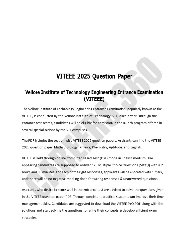 VITEEE 2025 Question Paper 1 Updated 1 | PDF | Capacitor | Capacitance